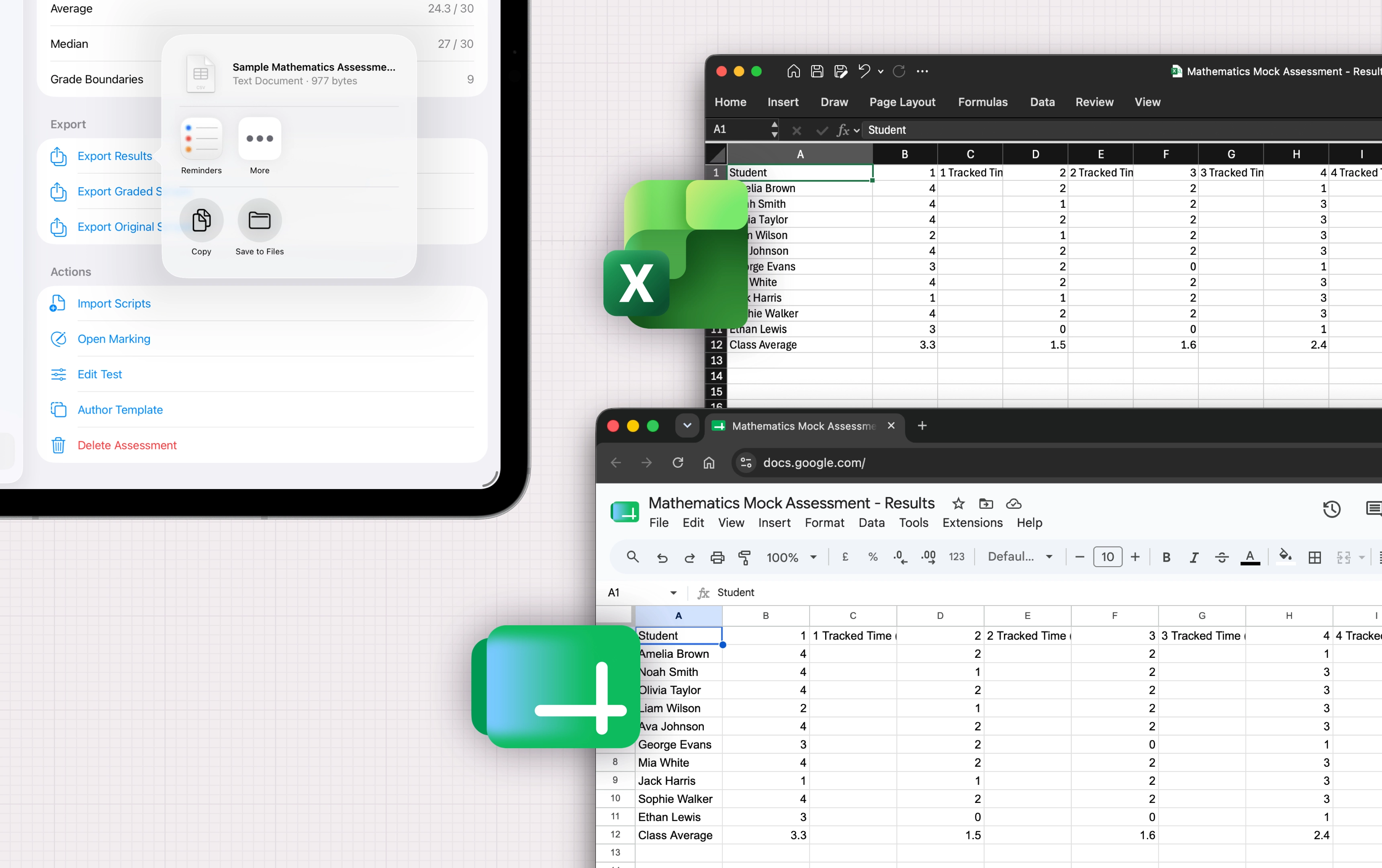 Nib on iPad showing exporting analysis as CSV, Excel or PDF.