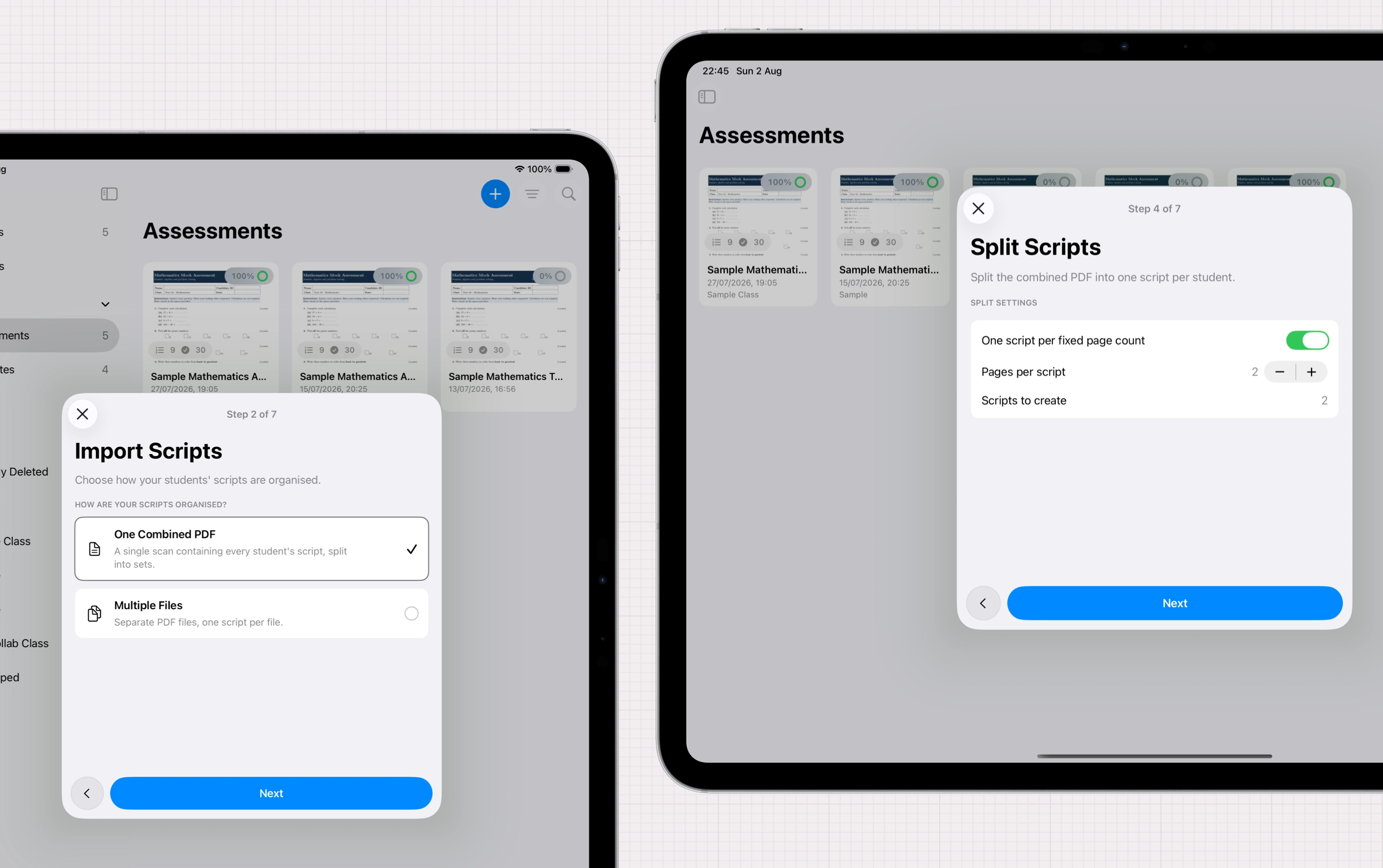 Nib on iPad showing bulk import scripts from camera, photo library or files.