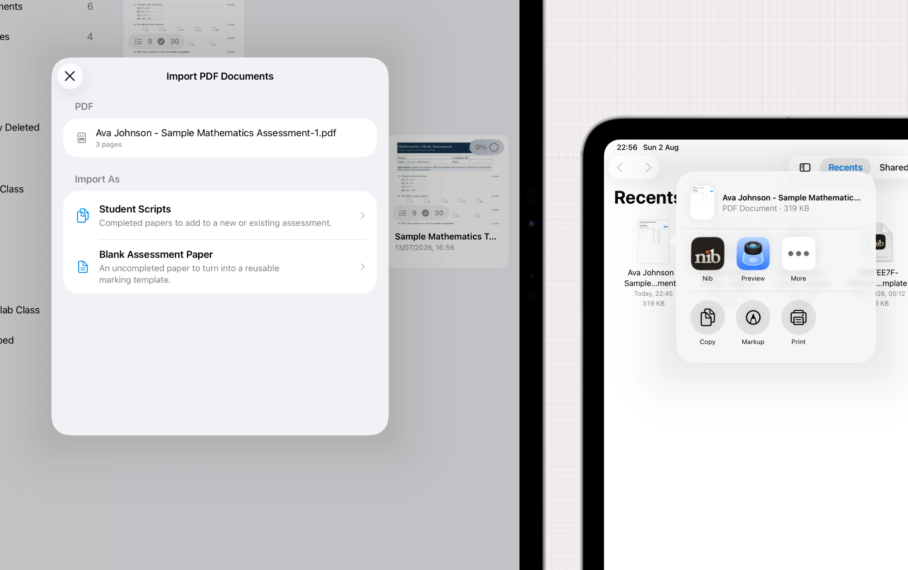 Nib on iPad showing import scripts from camera, photo library, files or cloud storage.