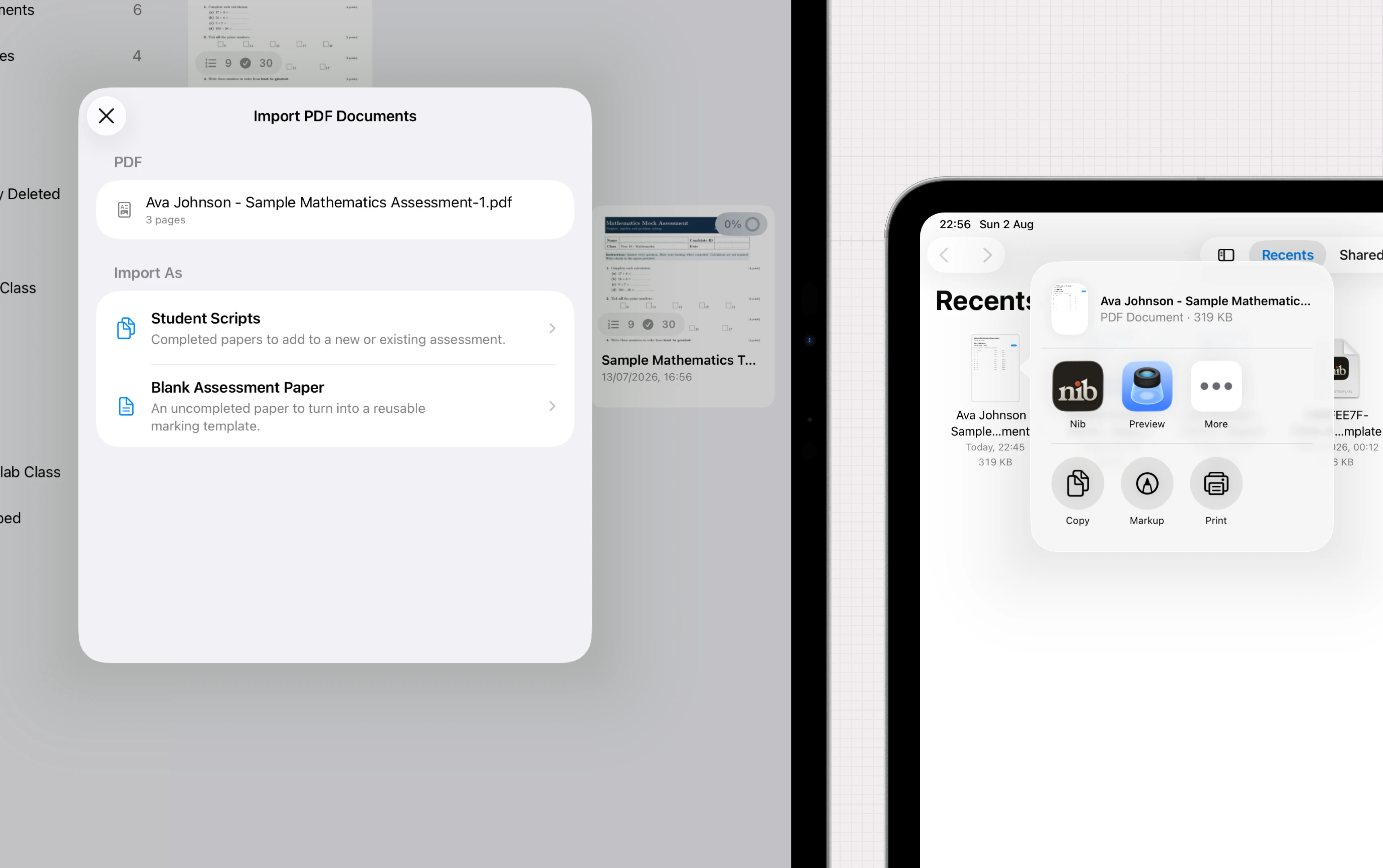 Nib on iPad showing import scripts from camera, photo library, files or cloud storage.