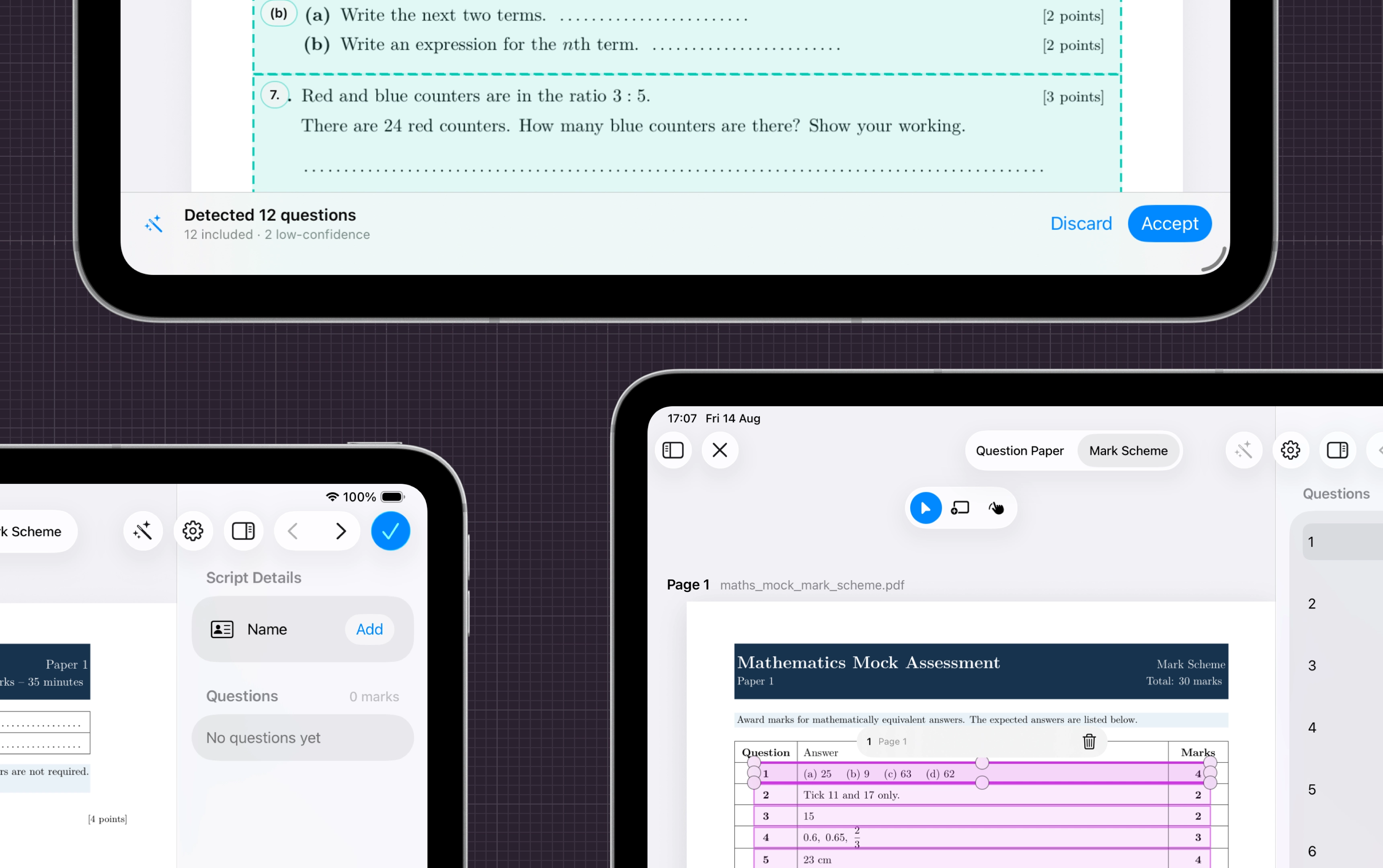 Nib on iPad showing automatic question & answer key regions detection.