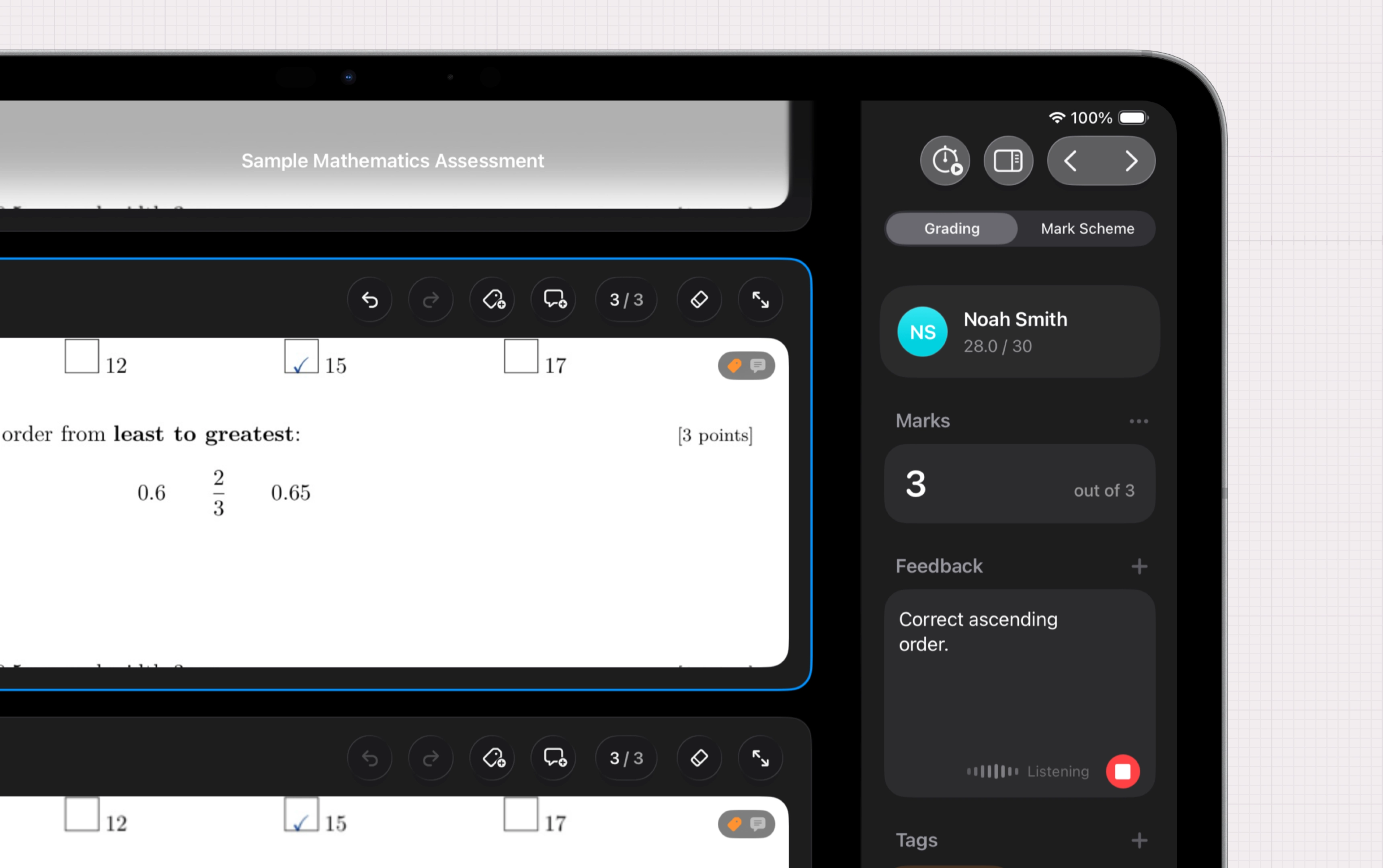 Nib on iPad showing voice transcription and typing feedback