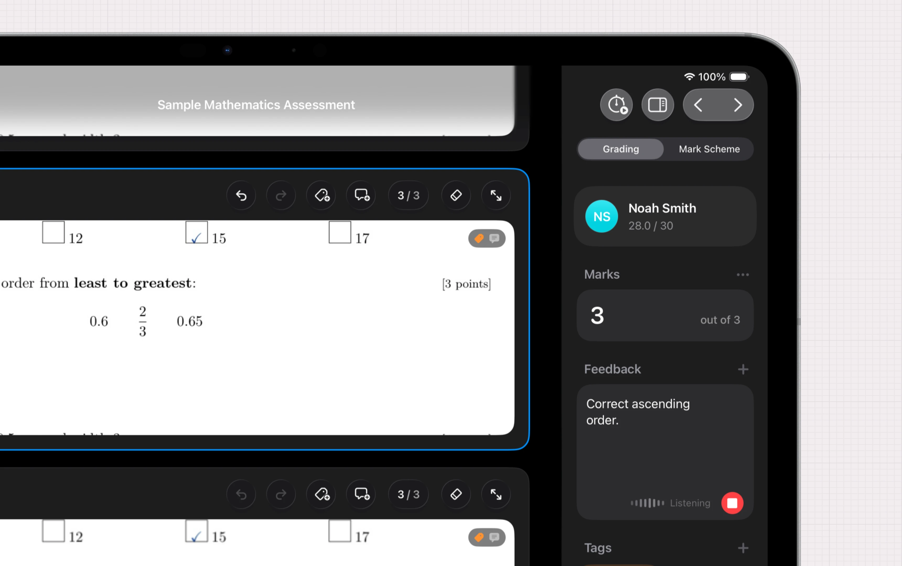 Nib on iPad showing voice transcription and typing feedback