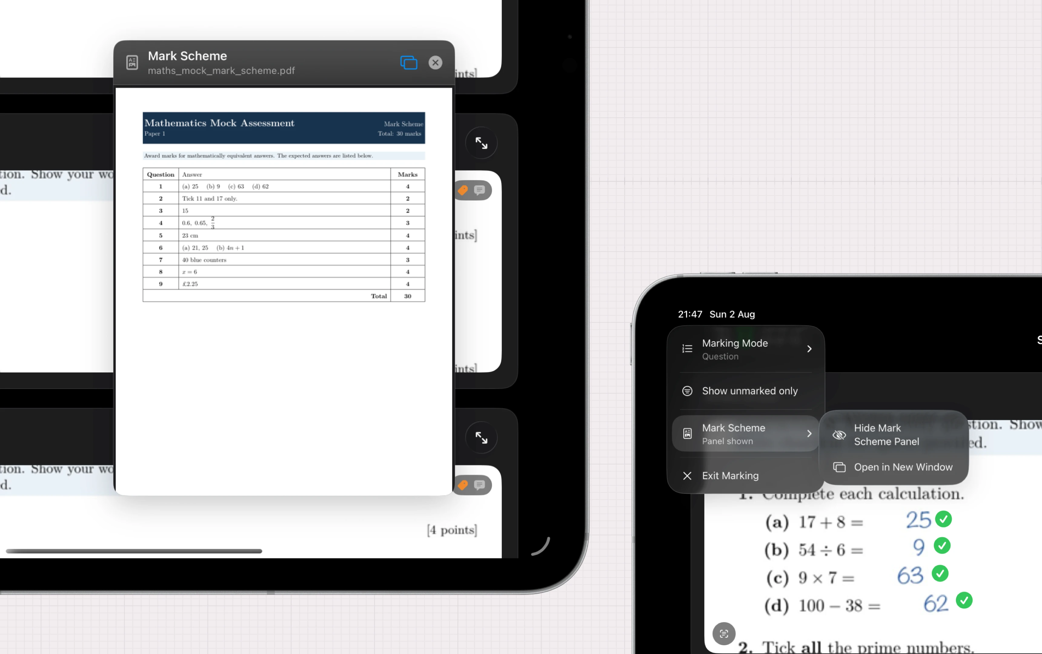 Nib on iPad showing mark scheme and answer key view