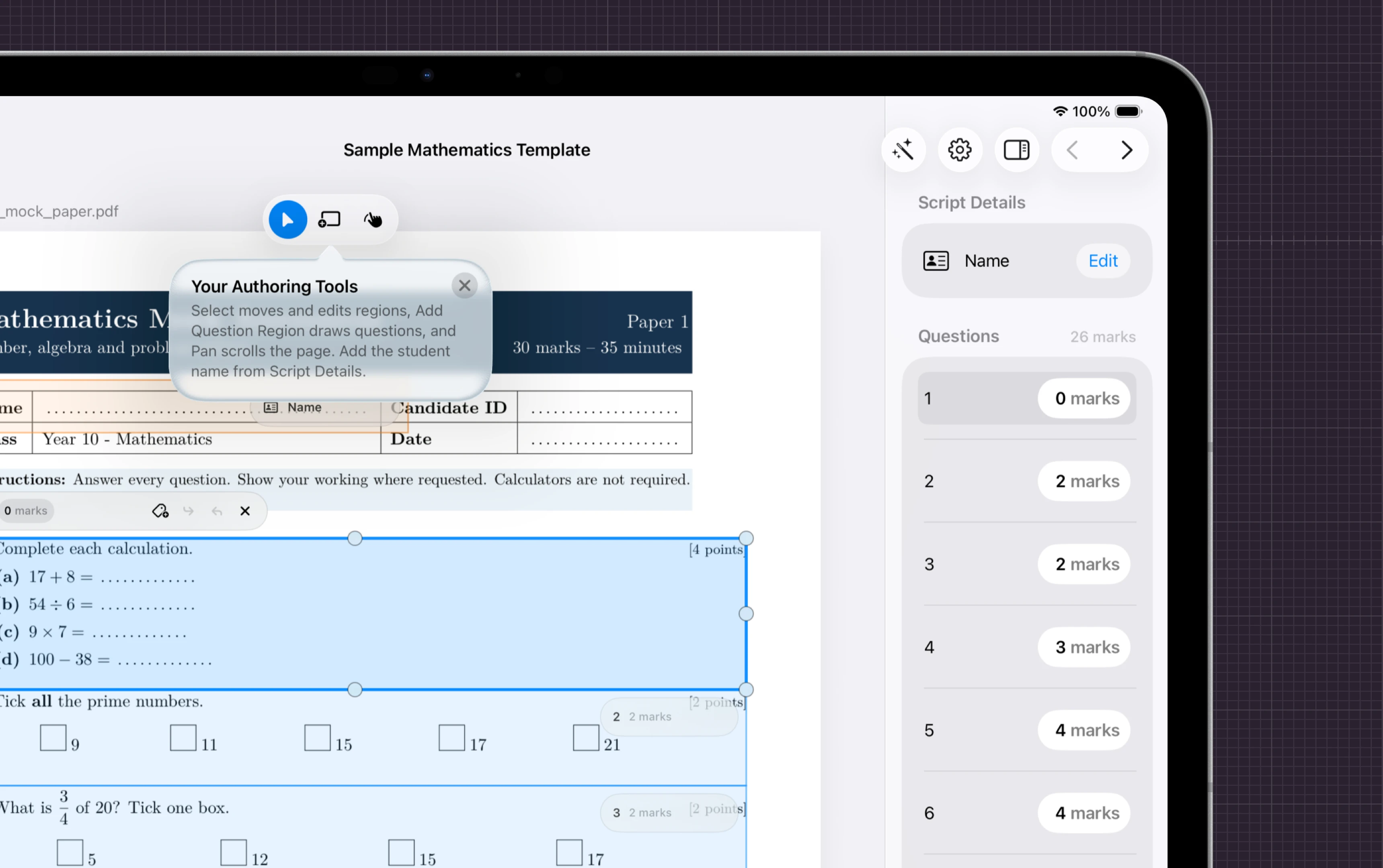 Nib on iPad showing template canvas, drawing question regions