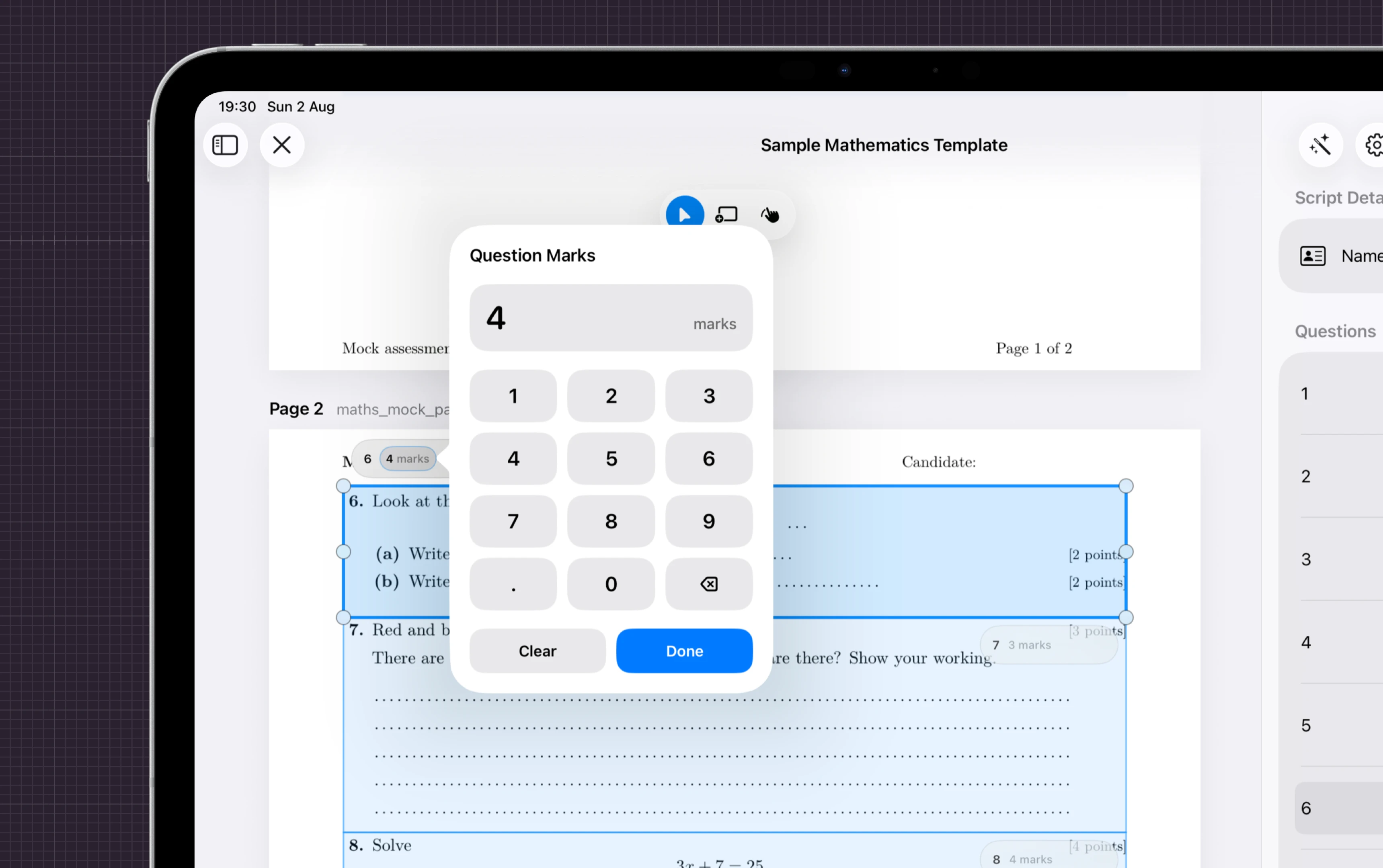Nib on iPad showing numeric keypad to assign marks