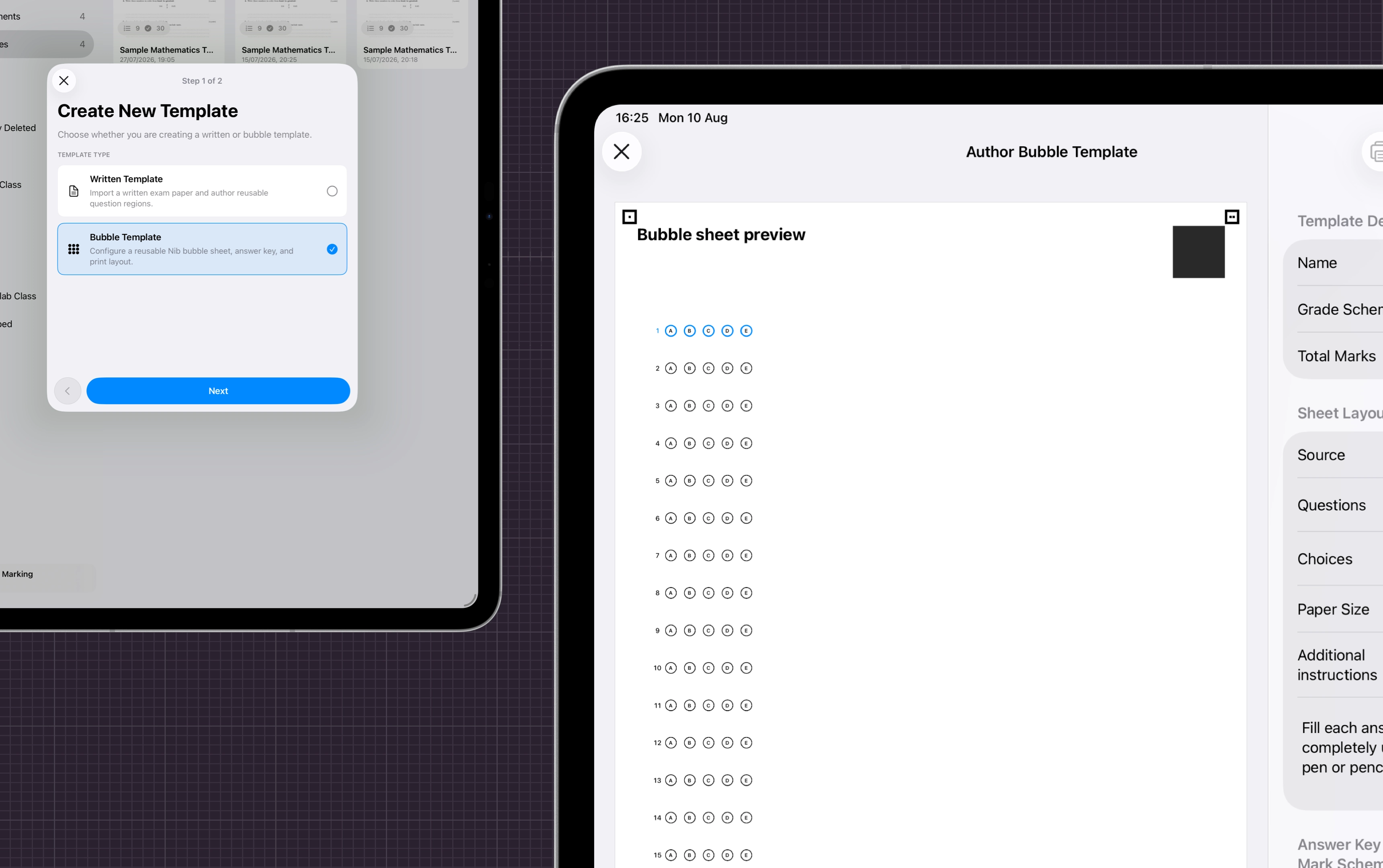 Nib on iPad showing automatic bubble sheet generation and marking.